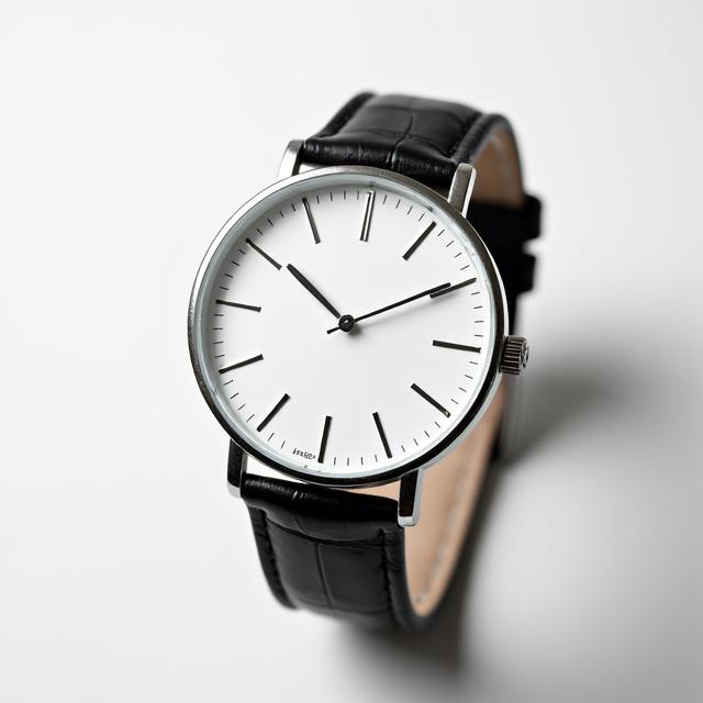 A minimalist watch with a pristine white dial and a sleek black leather strap, exuding understated elegance.