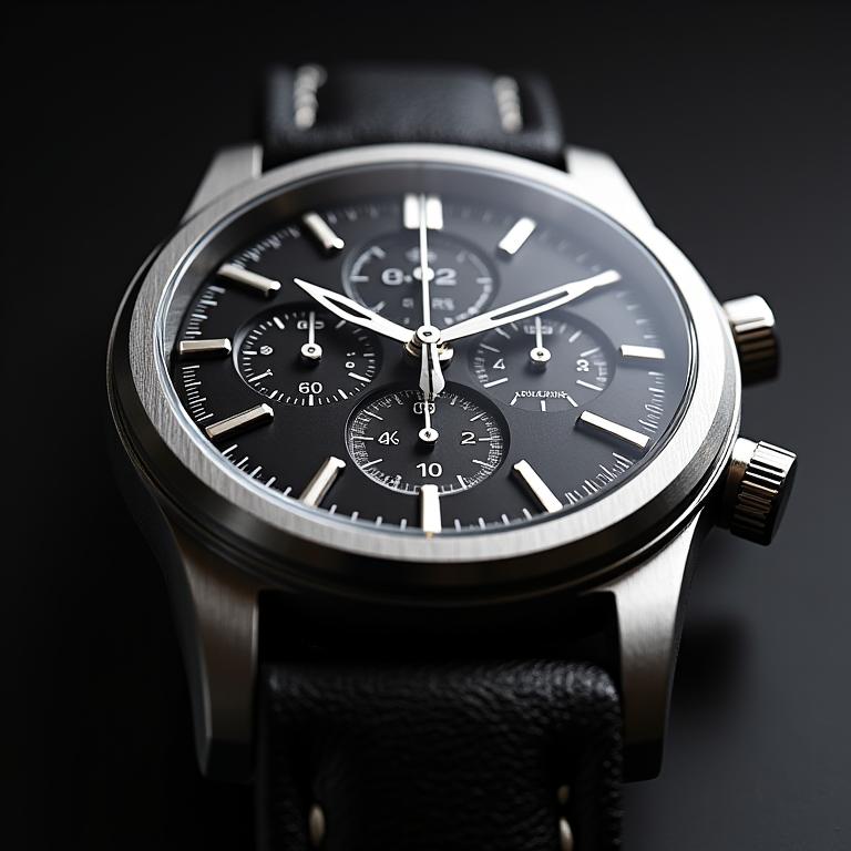 A detailed studio shot of the Timeless Collective 'Ascent' Chronograph watch, showcasing its intricate dial and brushed stainless steel case.