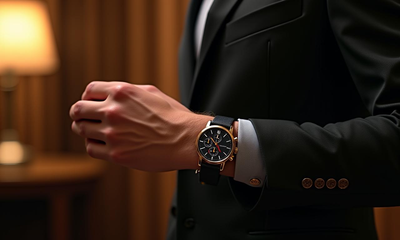 A stylish man wearing a classic chronograph watch, embodying modern elegance.