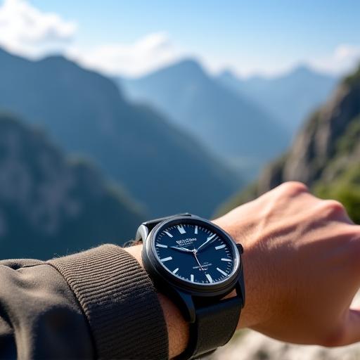 An aviator watch prominently displayed on a traveler's wrist, set against the breathtaking backdrop of a majestic mountain range, symbolising adventure.