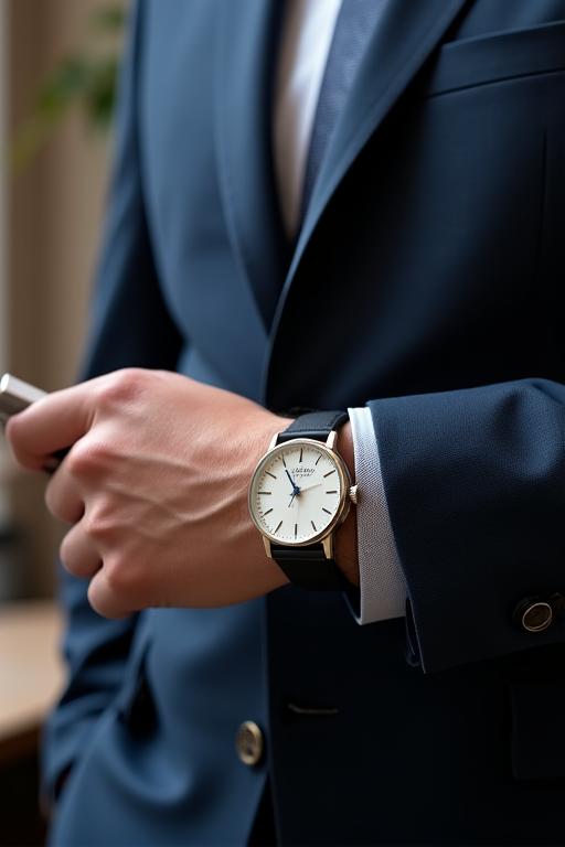A man in bespoke business attire subtly checking his minimalist dress watch, portraying professionalism and refined taste.