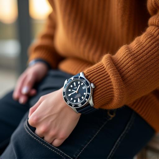 A close-up of a diver watch on a wrist, perfectly complemented by a relaxed knit sweater, illustrating casual elegance.