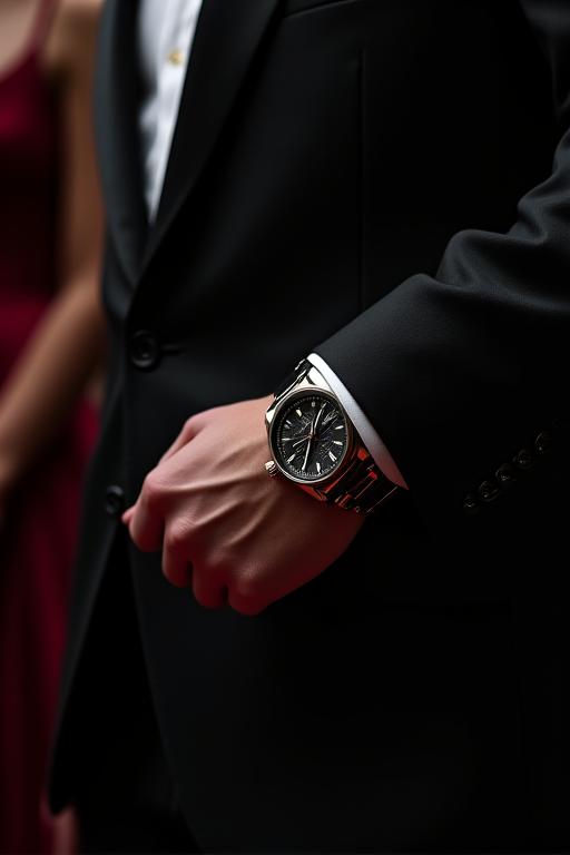 A classic chronograph watch subtly peeking out from under the cuff of a sleek tuxedo sleeve, perfect for formal occasions.